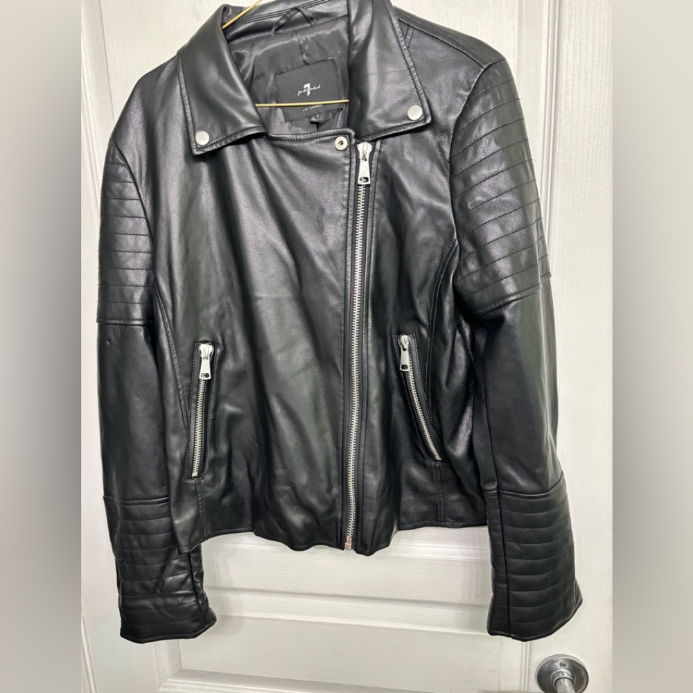 7 For All Mankind Women's  Black Faux Leather Moto Jacket Size L.  New!